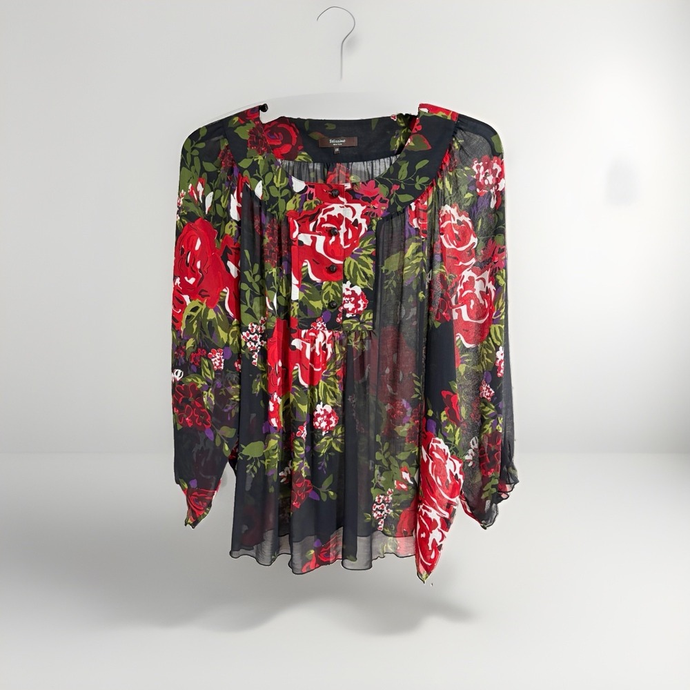 Belissimo New York womens blouse shirt top loose red black 2X 3X EUC sheer W55